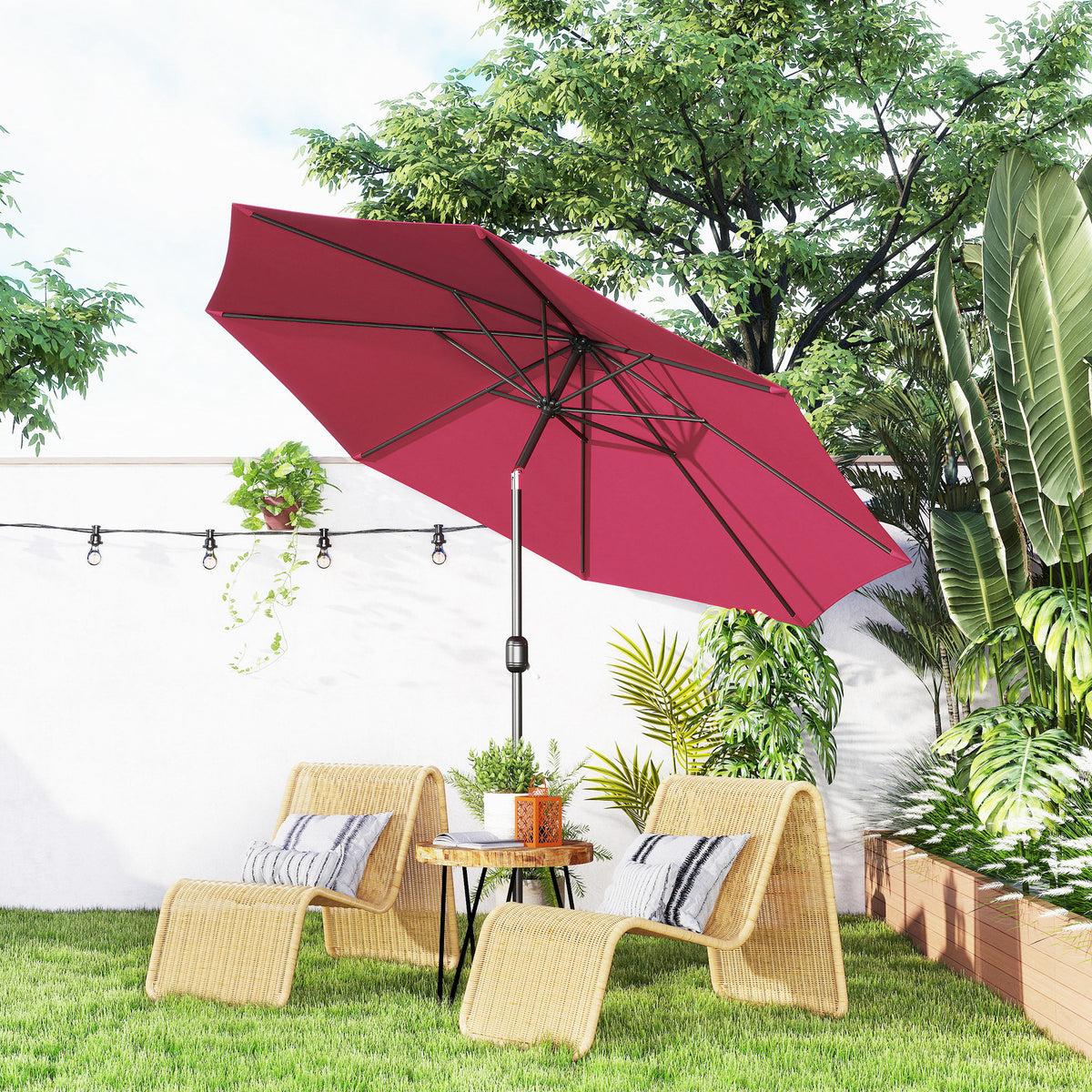 Chapéu de Sol de Jardim Ø295x250cm com Manivela Chapéu de Sol Exterior com Mecanismo de Inclinação e Mastro Desmontável de Metal para Terraço Piscina Pátio Vinho — foto 2