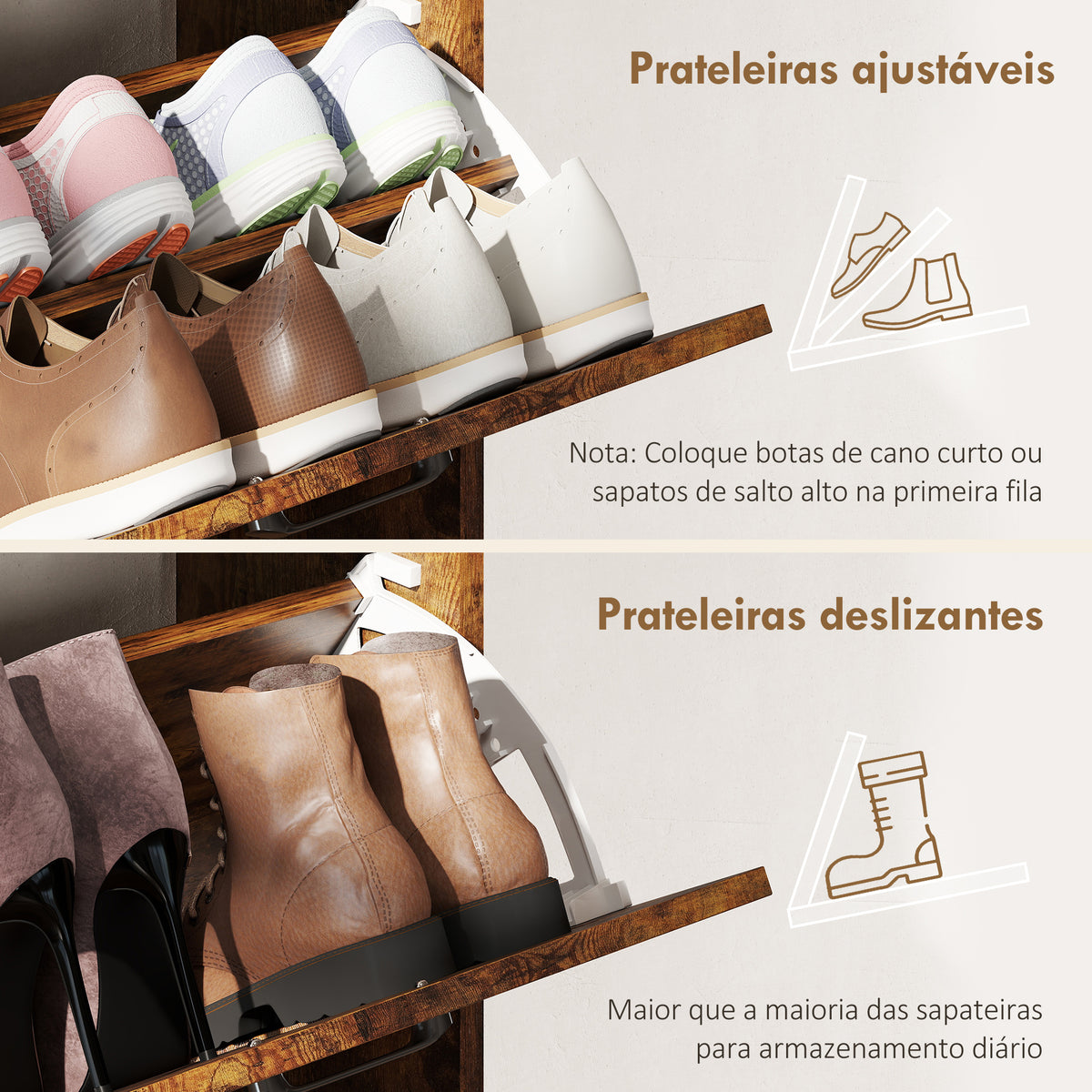Sapateira de 4 Portas Móvel Sapateira Estreita com Prateleiras Ajustáveis Estilo Industrial para 24 Pares de Sapatos Móvel Auxiliar para Entrada 120x24x103 cm Castanho Rústico — foto 5