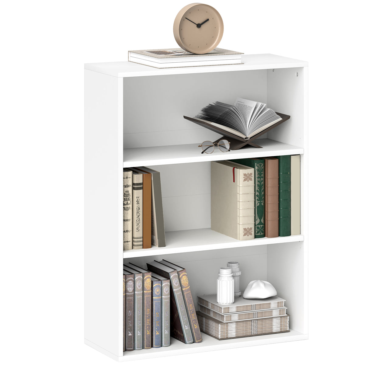 Estante de 3 Níveis Estante para Livros com 2 Prateleiras Ajustáveis para Sala de Estar Escritório Quarto 60x24x80 cm Branco — foto 1
