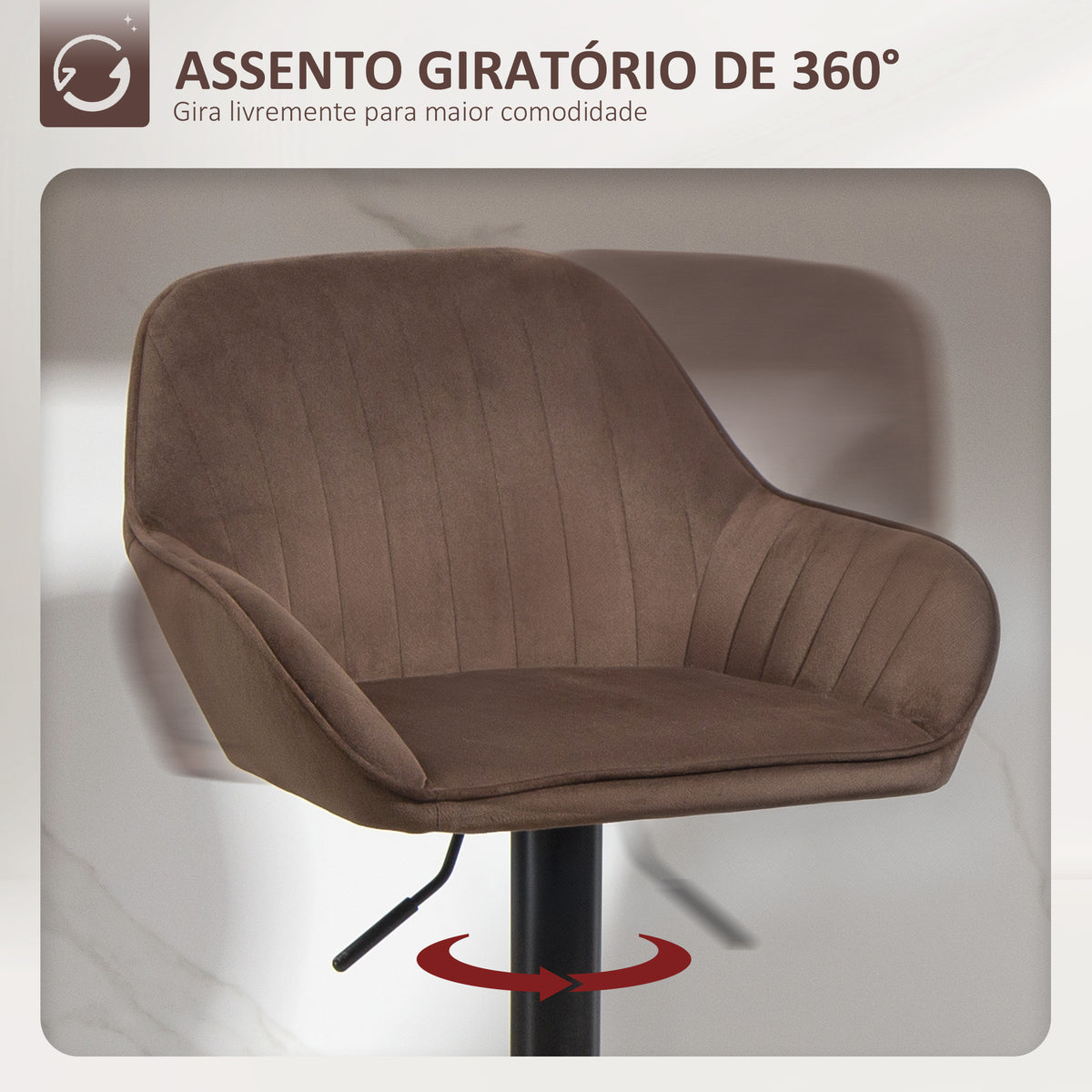 Conjunto de 2 Bancos de Bar Giratórios Bancos Altos de Cozinha com Altura Ajustável 87-107 cm Cadeiras Altas de Cozinha Estofadas em Veludo Encosto e Apoio para Pés Marrom — foto 5