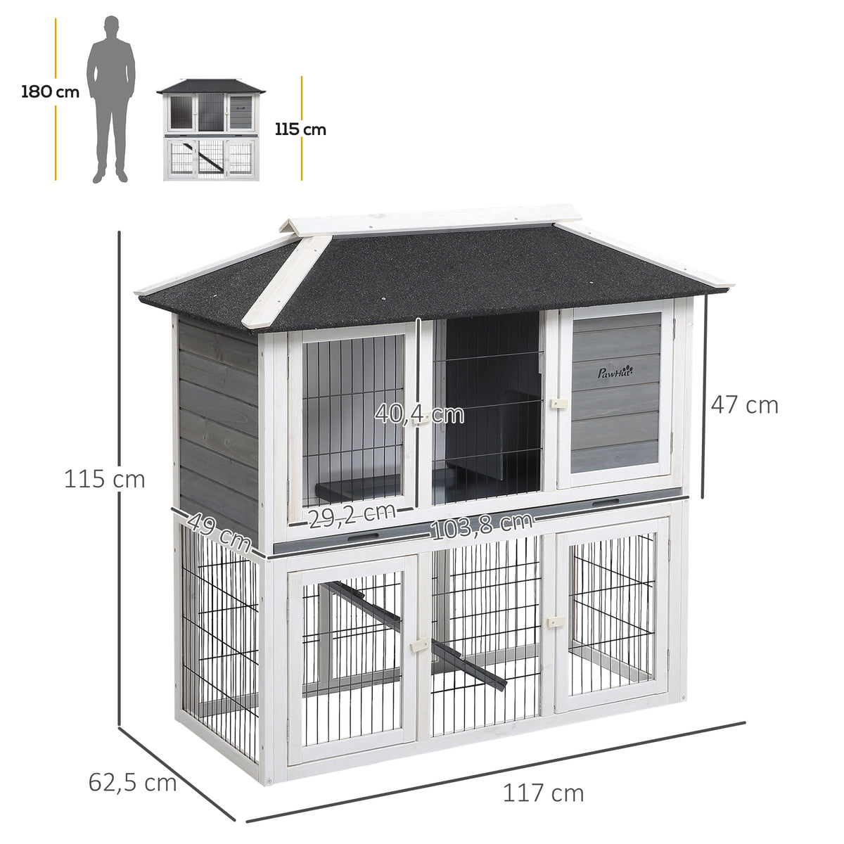 Coelheira de Madeira Exterior Gaiola Elevada para 2 Coelhos com Teto Asfáltico Cerca de Metal Bandeja Removível Múltiplas Portas e Rampa 117x62,5x115cm Cinza — foto 3
