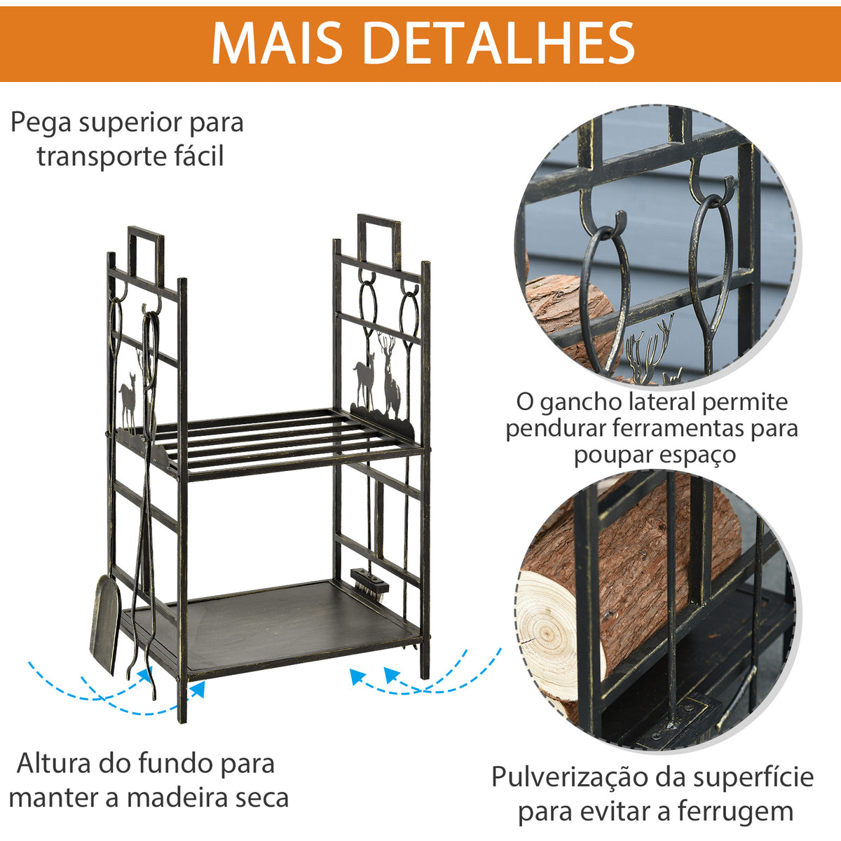 Suporte para Lenha de Ferro Forjado de 2 Níveis com 4 Ferramentas para Interior e Exterior 51,5x33x77 cm Preto e Dourado — foto 4