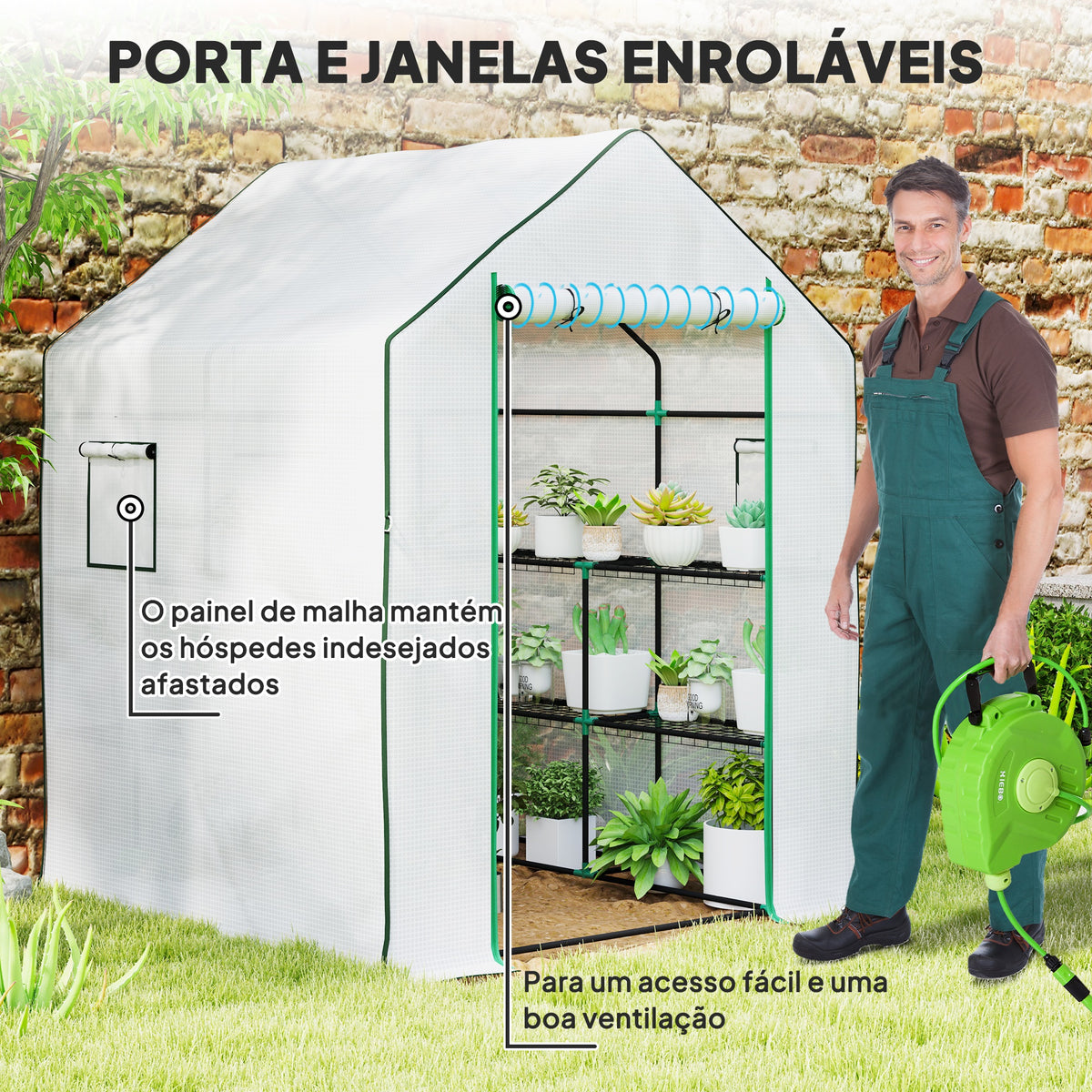 Estufa de Jardim Pequena de 3 Níveis com 6 Prateleiras Porta Enrolável Capa de PE e Estrutura de Aço para Cultivo de Plantas e Flores 140x143x190 cm Branco — foto 6