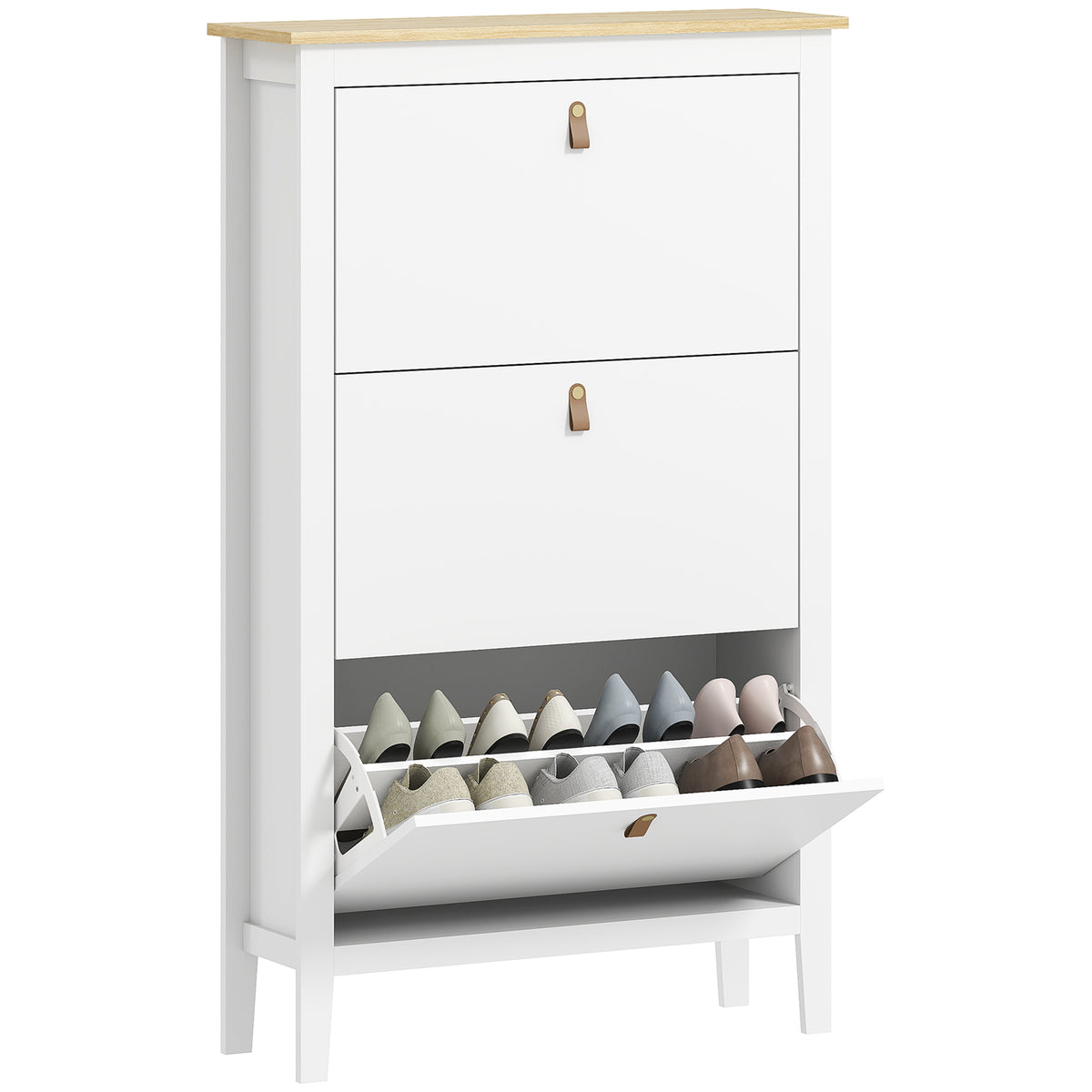 Sapateira Estreita Móvel Sapateira para Entrada com 3 Gavetas Abatíveis Prateleiras Ajustáveis e Puxadores em PU para 21 Pares de Sapatos para Corredor 80x24x131 cm Branco — foto 1