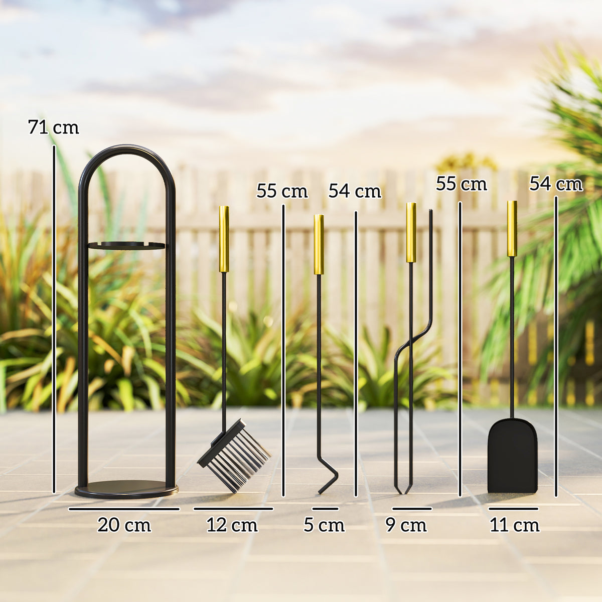 Conjunto de Acessórios para Lareira de 5 Peças Acessórios de Metal com Vassoura Pá Par de Tenazes Atiçador e Suporte 20x20x71 cm Preto e Dourado — foto 3