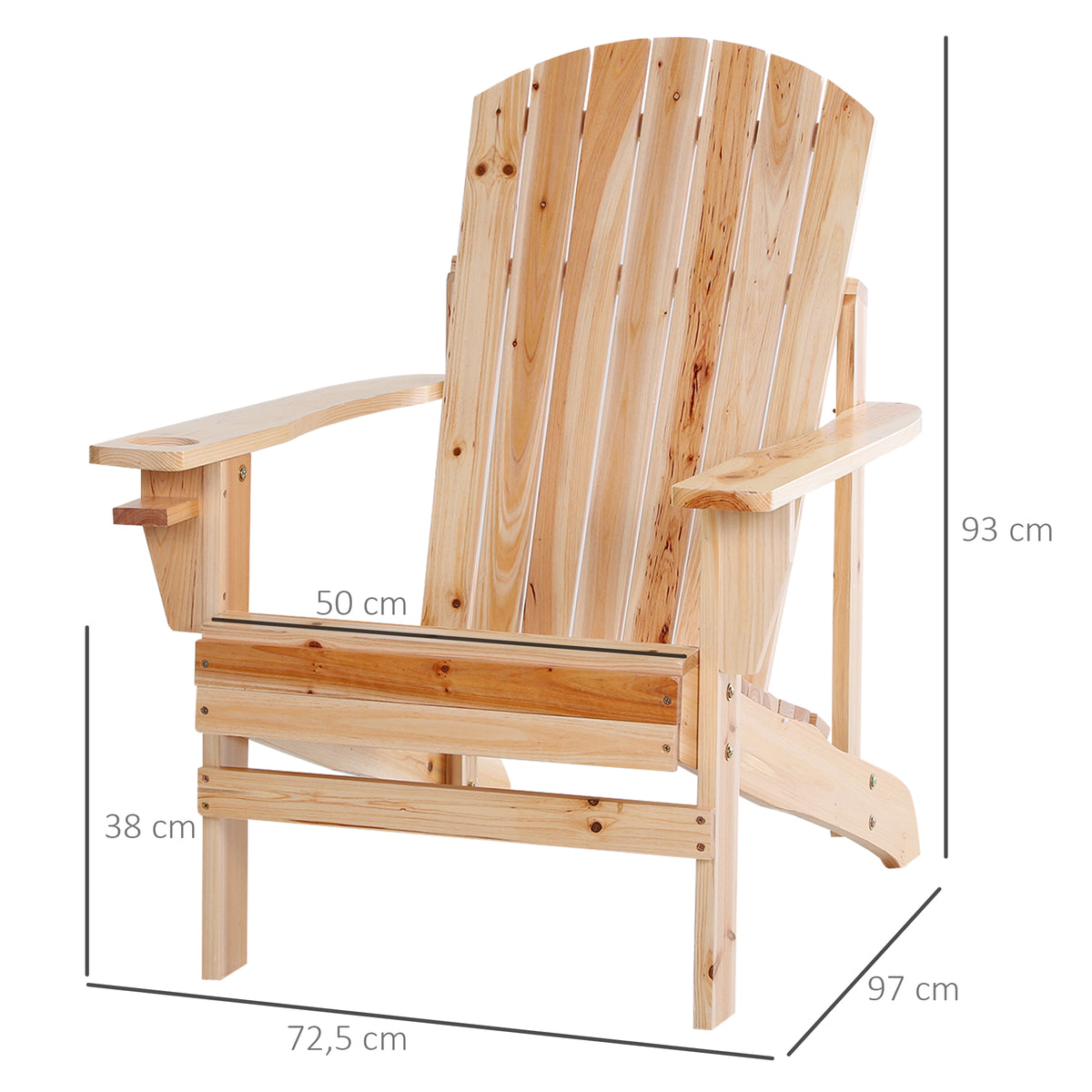 Cadeira Adirondack de Madeira Cadeira de Jardim com Apoio para os Braços Encosto Alto para Terraço Balcão Exterior 72,5x97x96cm Natural — foto 3