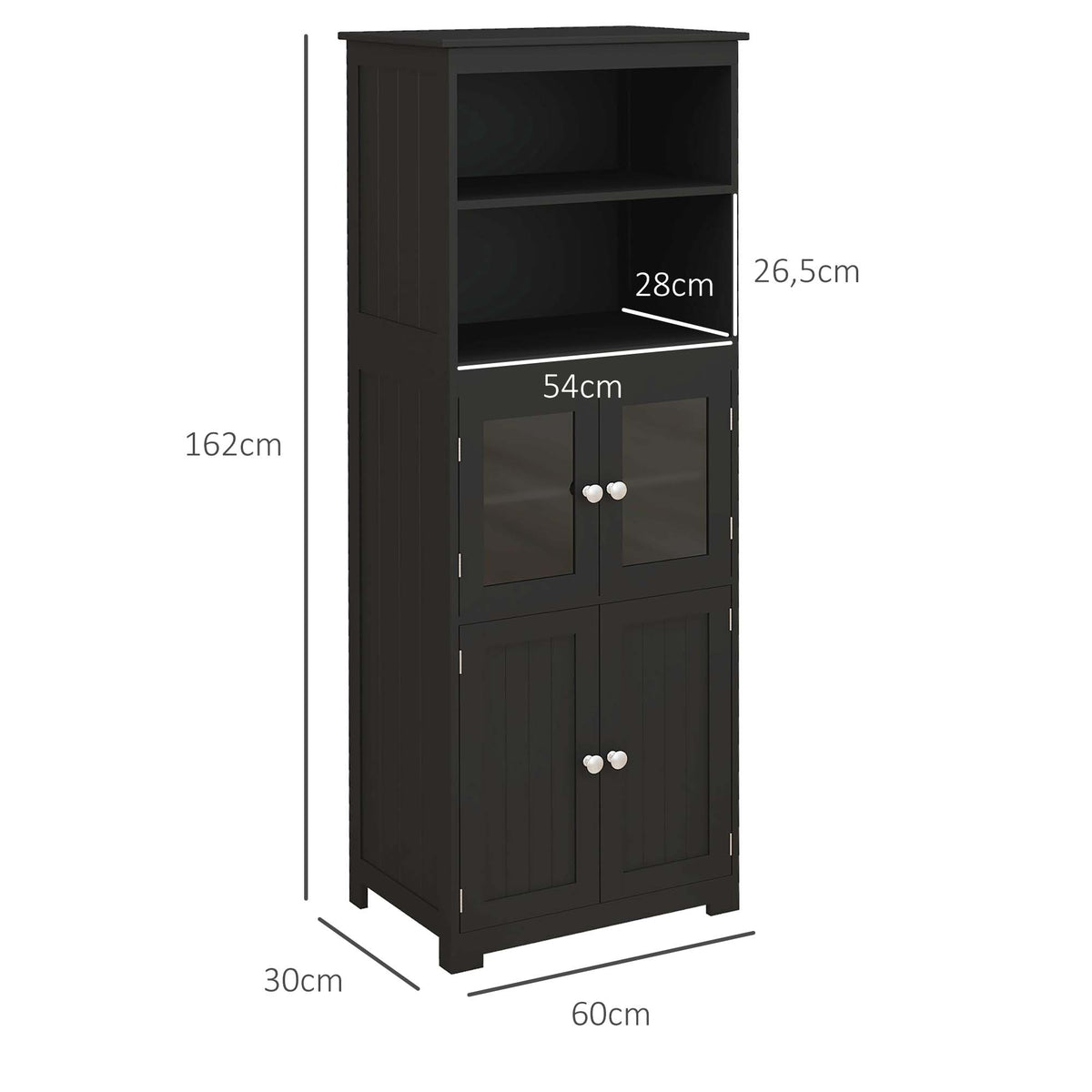 Armário de Cozinha com 2 Portas de Vidro Temperado 2 Prateleiras Abertas e Armário com Prateleira Ajustável para Sala de Estar 60x30x162 cm Preto — foto 3