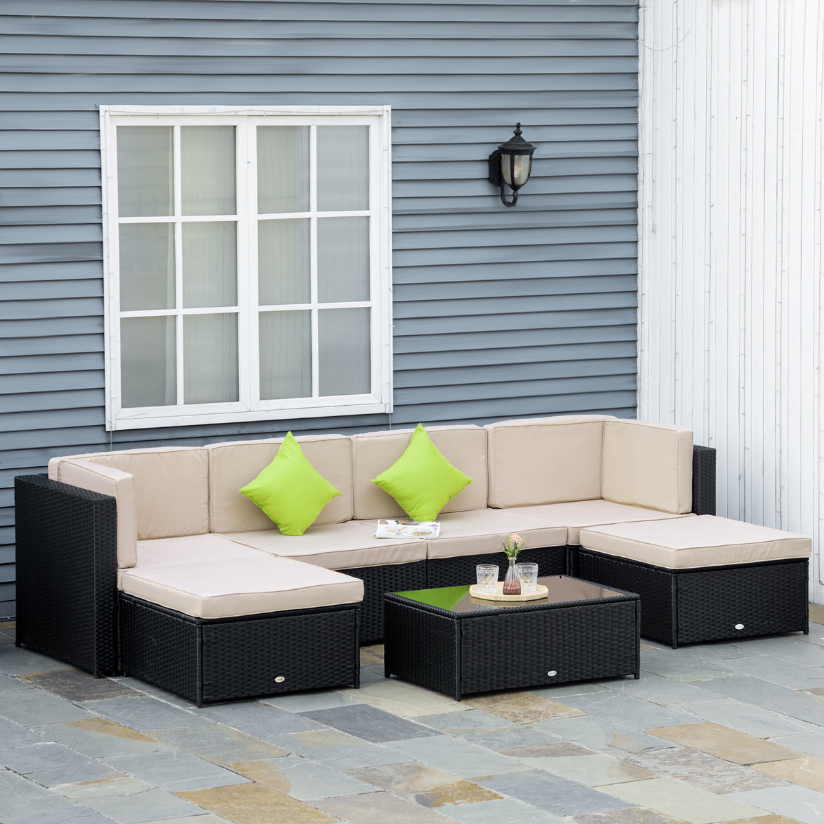 Conjunto de Móveis de Jardim de Vime PE Conjunto de 7 Peças Mesa Sofás Bancos com Almofadas Laváveis Preto Areia e Verde — foto 2