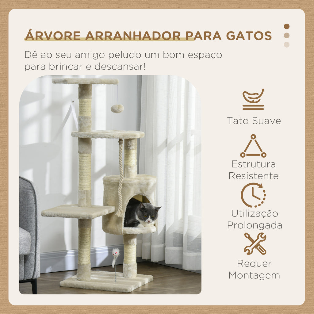 Árvore Arranhador para Gatos 112 cm com 4 Níveis Poste de Sisal Caverna Espaçosa Múltiplas Plataformas e Brinquedos Divertidos 75x40x112 cm Bege — foto 4