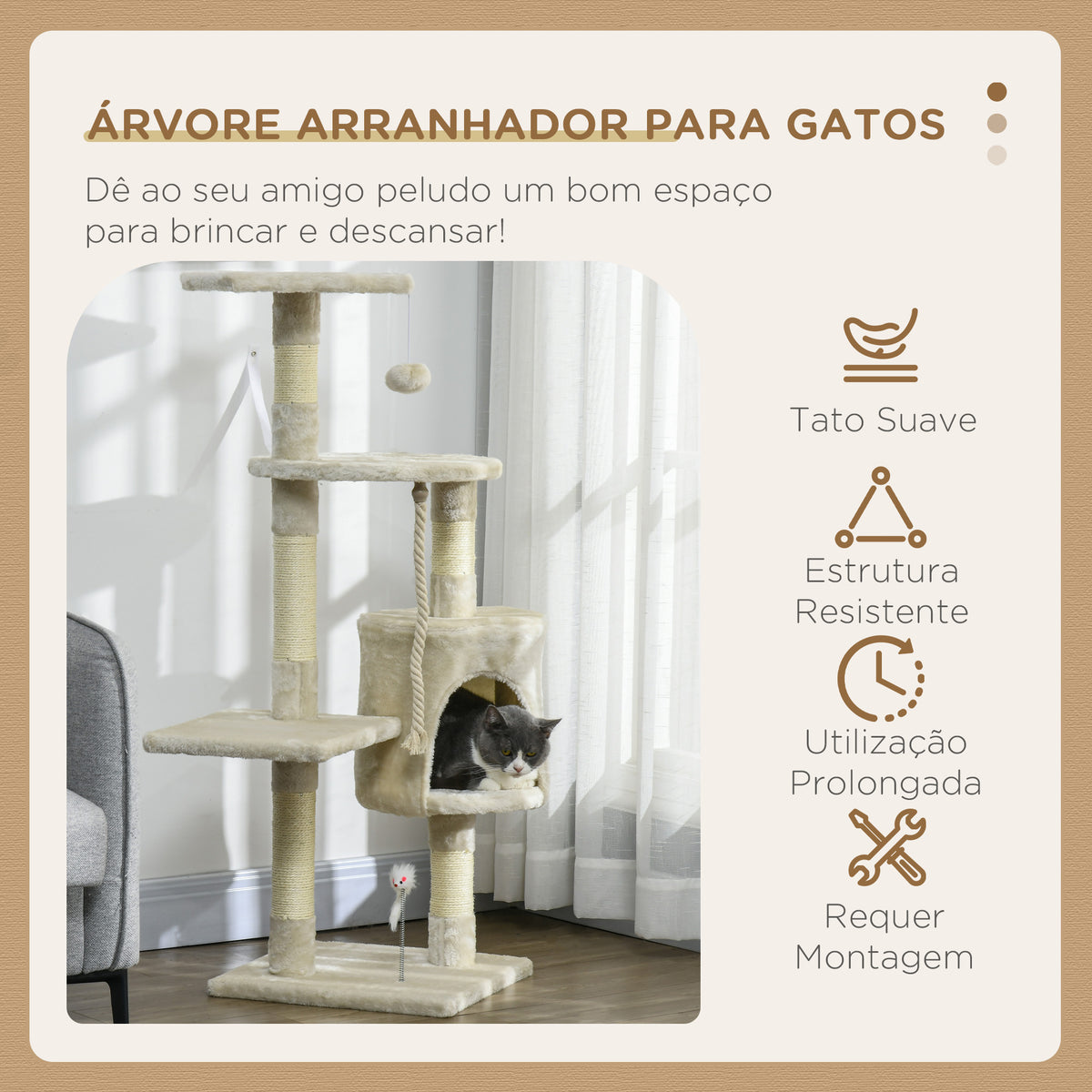 Árvore Arranhador para Gatos 112 cm com 4 Níveis Poste de Sisal Caverna Espaçosa Múltiplas Plataformas e Brinquedos Divertidos 75x40x112 cm Bege — foto 4