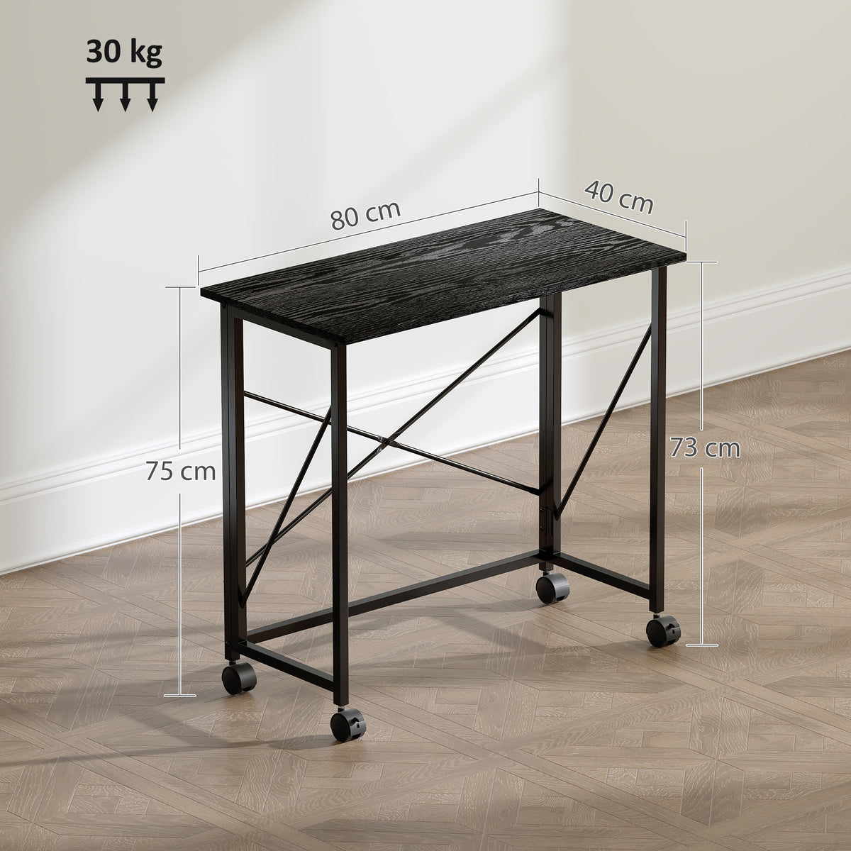 Secretária Dobrável com Rodas Mesa de Secretária Compacta Mesa para Computador Portátil para Casa Escritório Espaços Pequenos 80x40x75 cm Preto — foto 3