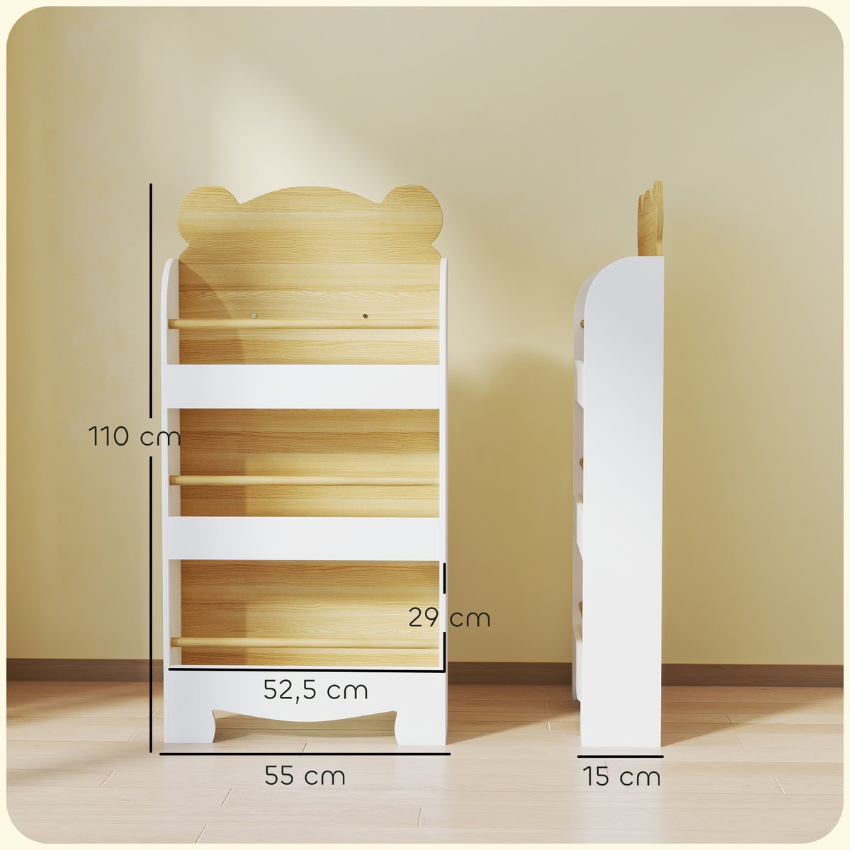 Estante Infantil de 3 Níveis Estante para Livros Infantil Desenho de Ursinho para Sala de Jogos Dormitório Escola Infantil 55x15x110 cm Branco e Madeira — foto 3
