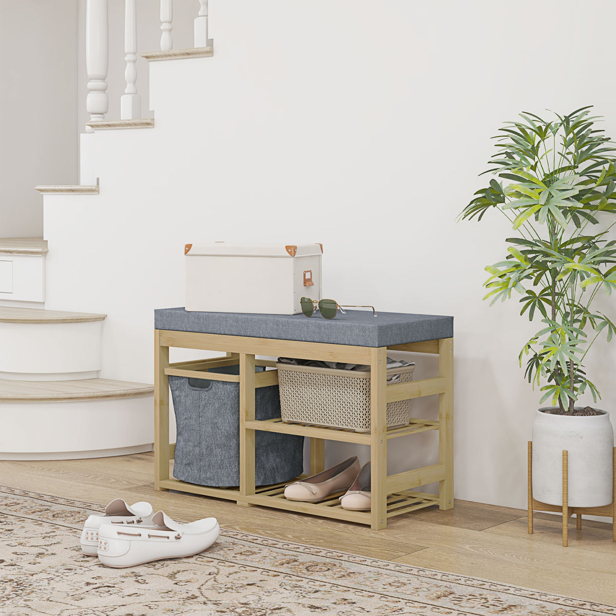 Banco para Sapatos de Bambu Móvel Sapateira com Assento Cesta Amovível e Prateleiras Abertas para 4 Pares de Sapatos Banco Sapateira para Entrada Corredor 69x30x45 cm Madeira — foto 2
