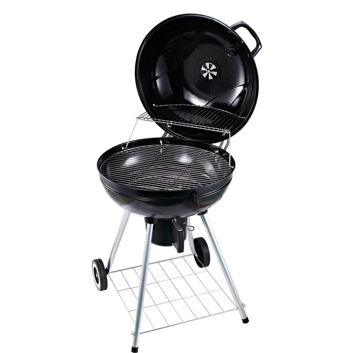 Barbecue a Carvão com Termômetro Barbecue a Carvão com Prateleira e Rodas para Jardim Exterior Campismo 57x63x94 cm Preto e Prata — foto 1