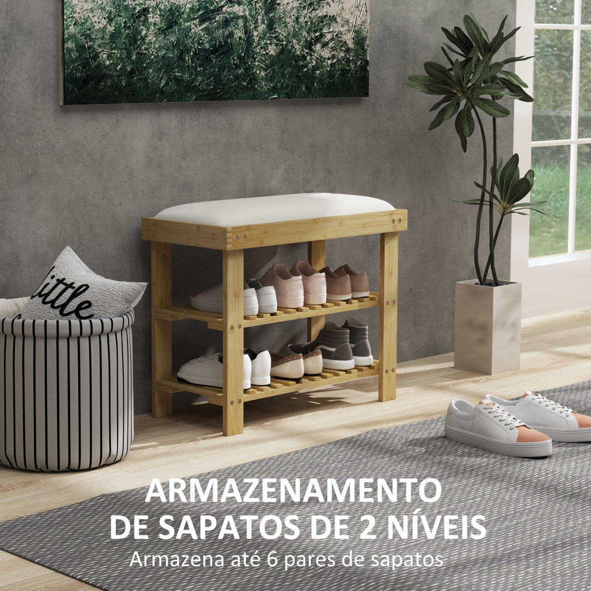 Banco Sapateira de Bambu Sapateira com Assento Almofadado 2 Prateleiras para 6 Pares de Sapatos para Entrada Dormitório 60x29x49 cm Madeira e Creme — foto 5