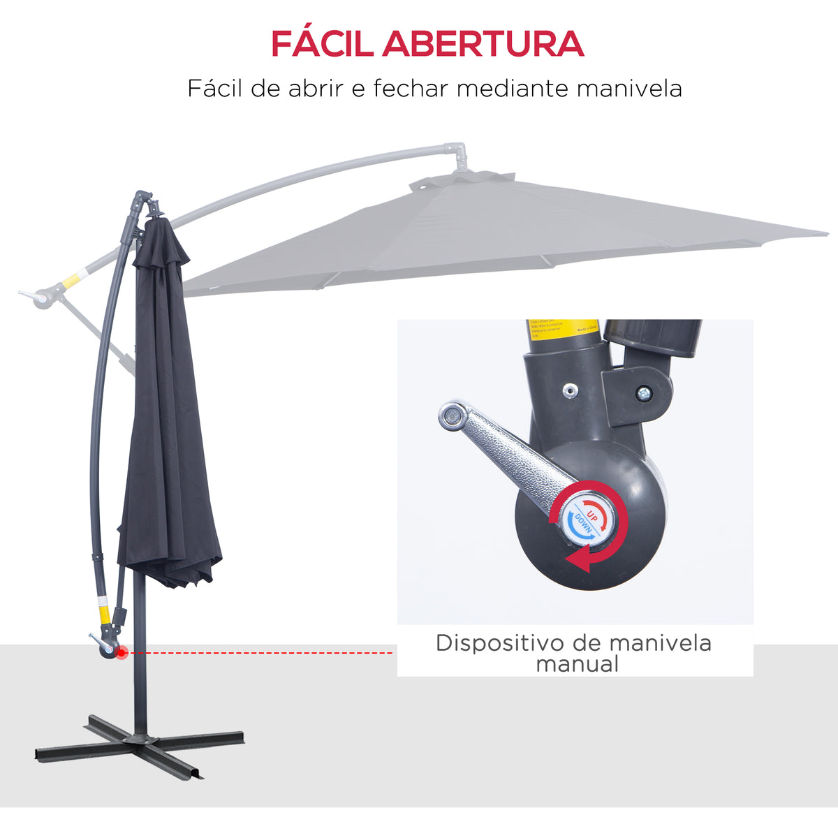 Chapéu de Sol de Jardim Ø300x260cm Chapéu de Sol Excêntrico Inclinável com Manivela Base Cruzada e Suporte de Metal 8 Hastes para Terraço Exterior Balcão Preto — foto 4