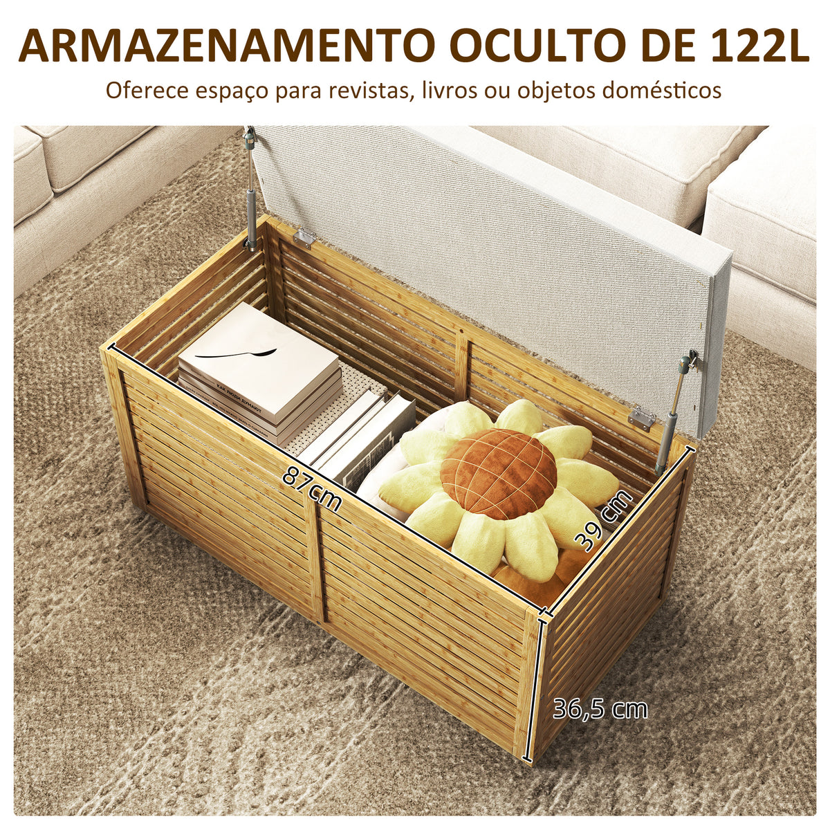 Baú de Arrumação para Dormitório 122L Banco de Arrumação Estofado em Linho Sintético com Almofada Estrutura de Bambu para Entrada Sala 90x42x43 cm Cinza e Madeira — foto 4