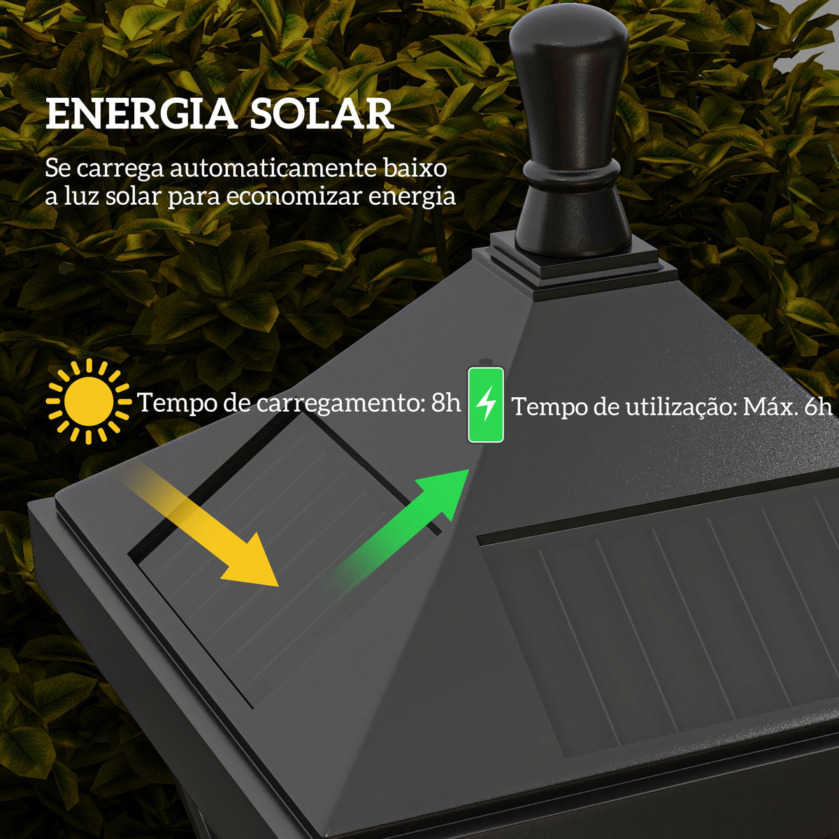 Candeeiro Solar de Jardim Candeeiro com Painel Solar Liga e Desliga Automaticamente para Exterior Pátio 15x15x127 cm Preto — foto 4