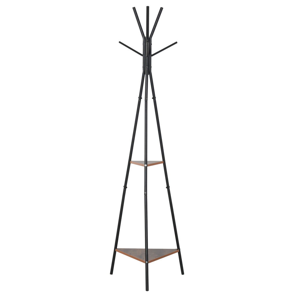 Cabide de Pé Metálico com 6 Ganchos e Prateleiras Cabide de Pé em Forma de Árvore para Dormitório Cabide de Pé para Pendurar Roupas Bolsas Chapéus 46x52x182 cm Preto e Madeira — foto 1