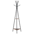 Cabide de Pé Metálico com 6 Ganchos e Prateleiras Cabide de Pé em Forma de Árvore para Dormitório Cabide de Pé para Pendurar Roupas Bolsas Chapéus 46x52x182 cm Preto e Madeira — foto 1