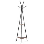Cabide de Pé Metálico com 6 Ganchos e Prateleiras Cabide de Pé em Forma de Árvore para Dormitório Cabide de Pé para Pendurar Roupas Bolsas Chapéus 46x52x182 cm Preto e Madeira — foto 1