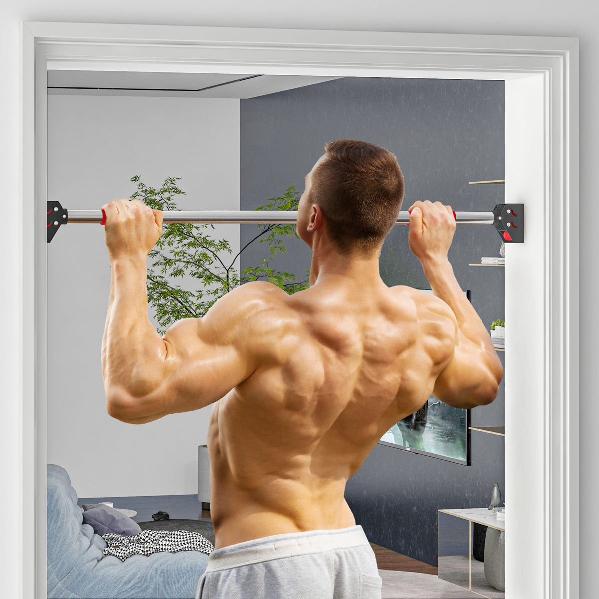 Barra de Elevação para Porta Barra para Fazer Elevações Ajustável de 95 cm a 123 cm Carga 200 kg para Exercícios e Treino em Casa Ginásio Vermelho e Preto — foto 2