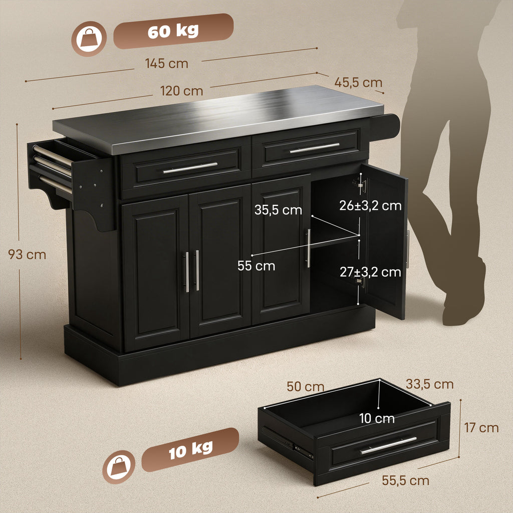 Ilha de Cozinha com Rodas Carrinho de Cozinha com Bancada de Aço Inoxidável 2 Gavetas 4 Portas 2 Prateleiras Ajustáveis Suporte para Especiarias e Toalheiro 145x45x93 cm Preto — foto 3