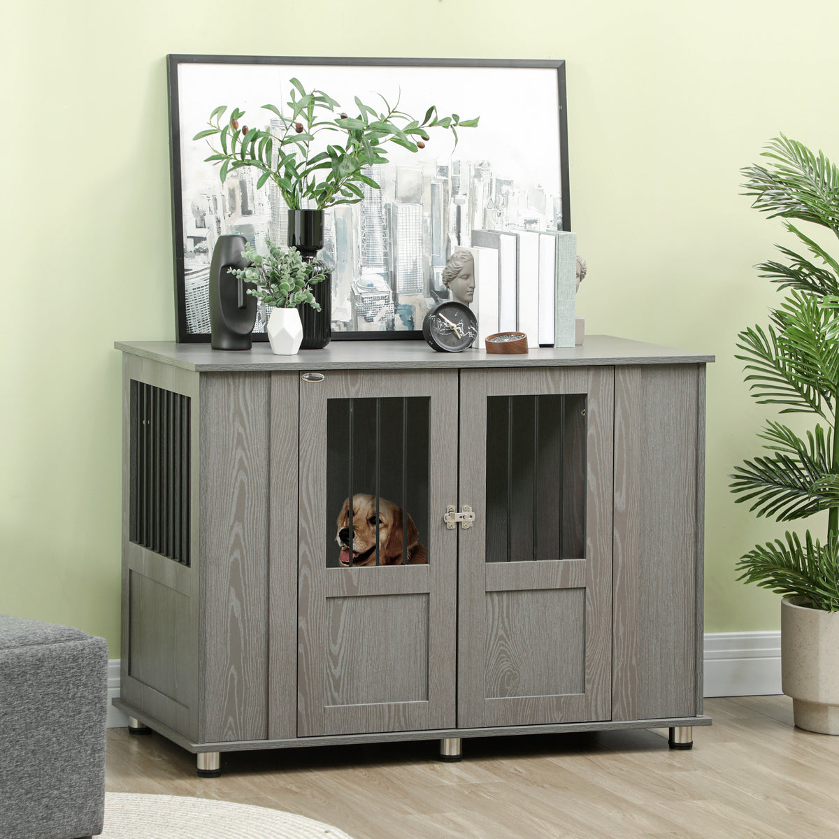 Gaiola para Cães Grandes Desmontável 2 em 1 Mesa Auxiliar com 2 Portas com Trava 4 Janelas e Pés Ajustáveis 114x60x82 cm Cinza — foto 2