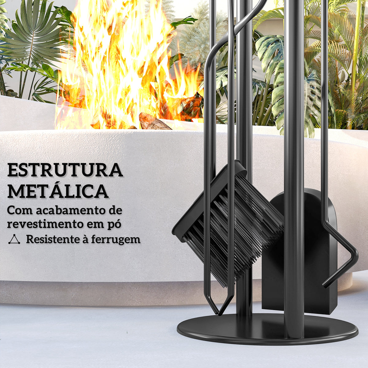 Conjunto de Acessórios para Lareira de 5 Peças Acessórios de Metal com Vassoura Pá Par de Tenazes Atiçador e Suporte 20x20x71 cm Preto e Dourado — foto 5