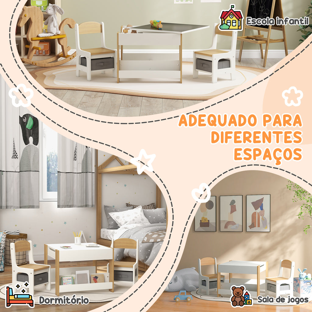 Conjunto de Mesa e 2 Cadeiras Infantis Mesa com Cadeiras para Crianças 2 em 1 com Ardósia Gavetas de Tecido e Espaço de Armazenamento para Quarto Sala de Jogos Cinza — foto 7
