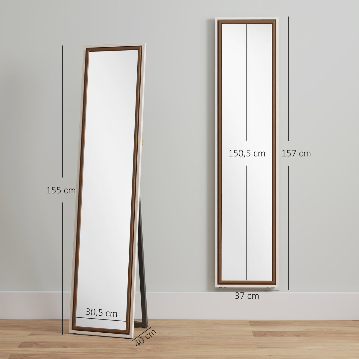 Espelho de Pé 157x37 cm Espelho Corpo Inteiro Grande com Moldura Bicolor para Utilizar Inclinado ou Suspenso para Sala Quarto Corredor Entrada Madeira Clara e Madeira Escura — foto 3