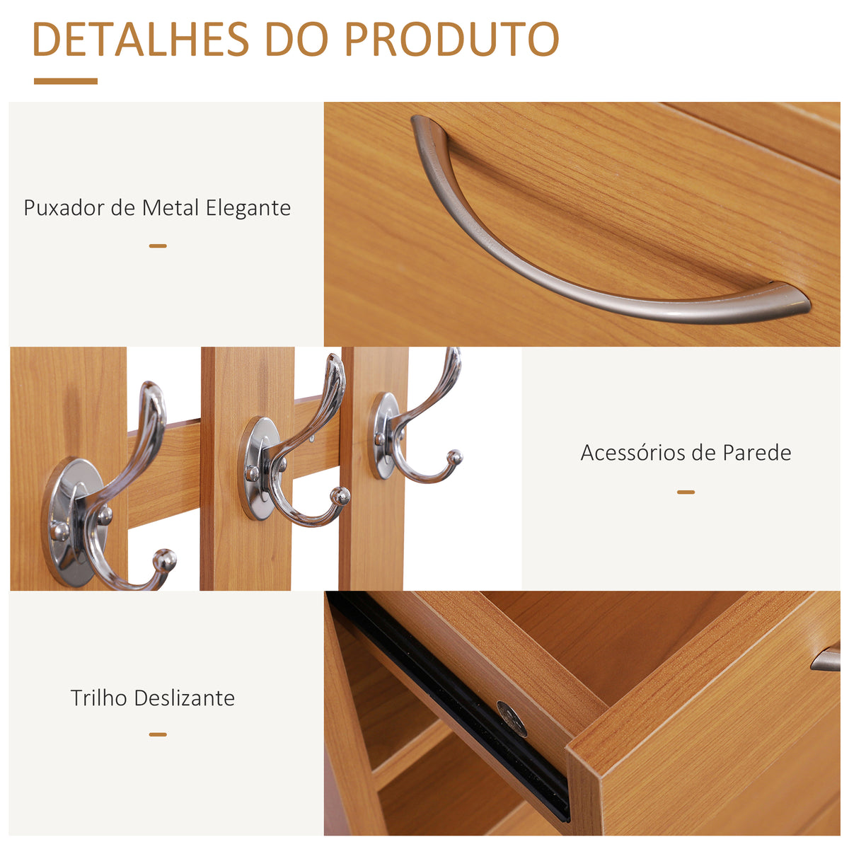 Móvel Cabide de Entrada de 3 Peças Armário de Entrada com Cabide Espelho Sapateira e Gaveta 90x10x102 cm Madeira — foto 5