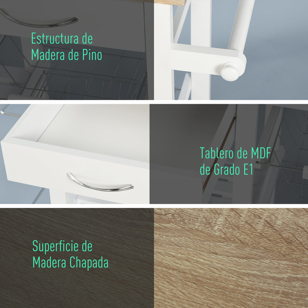 Carrinho de cozinha Carrinho de serviço multifuncional com gavetas Cestas Prateleiras de especiarias Toalheiro Rodas 92x37x82 cm Branco — foto 5