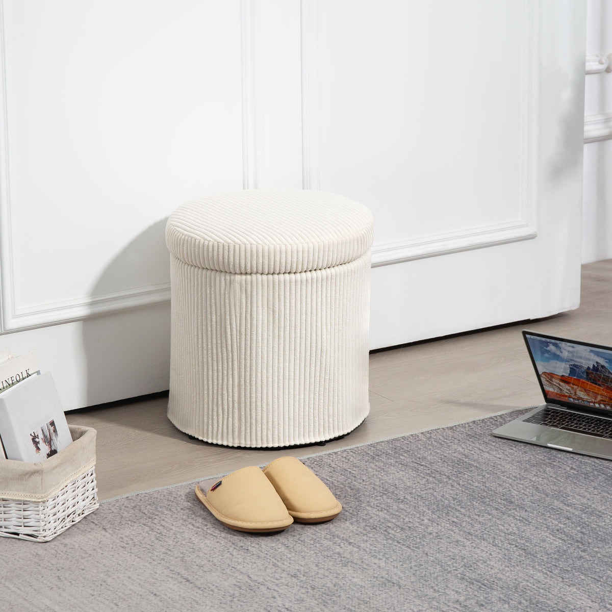Puff de Arrumação Baú de Arrumação Redondo Estofado em Veludo Cotelê Assento Acolchoado Tampa Removível para Corredor Quarto Sala Ø40x41 cm Creme — foto 2