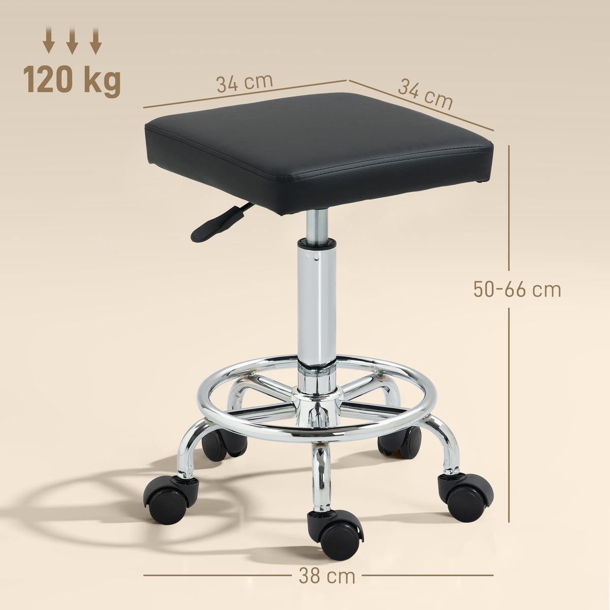 Banco Giratório Banco com Rodas Altura Regulável 50-66 cm Assento Estofado em Imitação de Couro Descanso para os Pés para Salões e Oficinas 34x34x50-66 cm Preto — foto 3