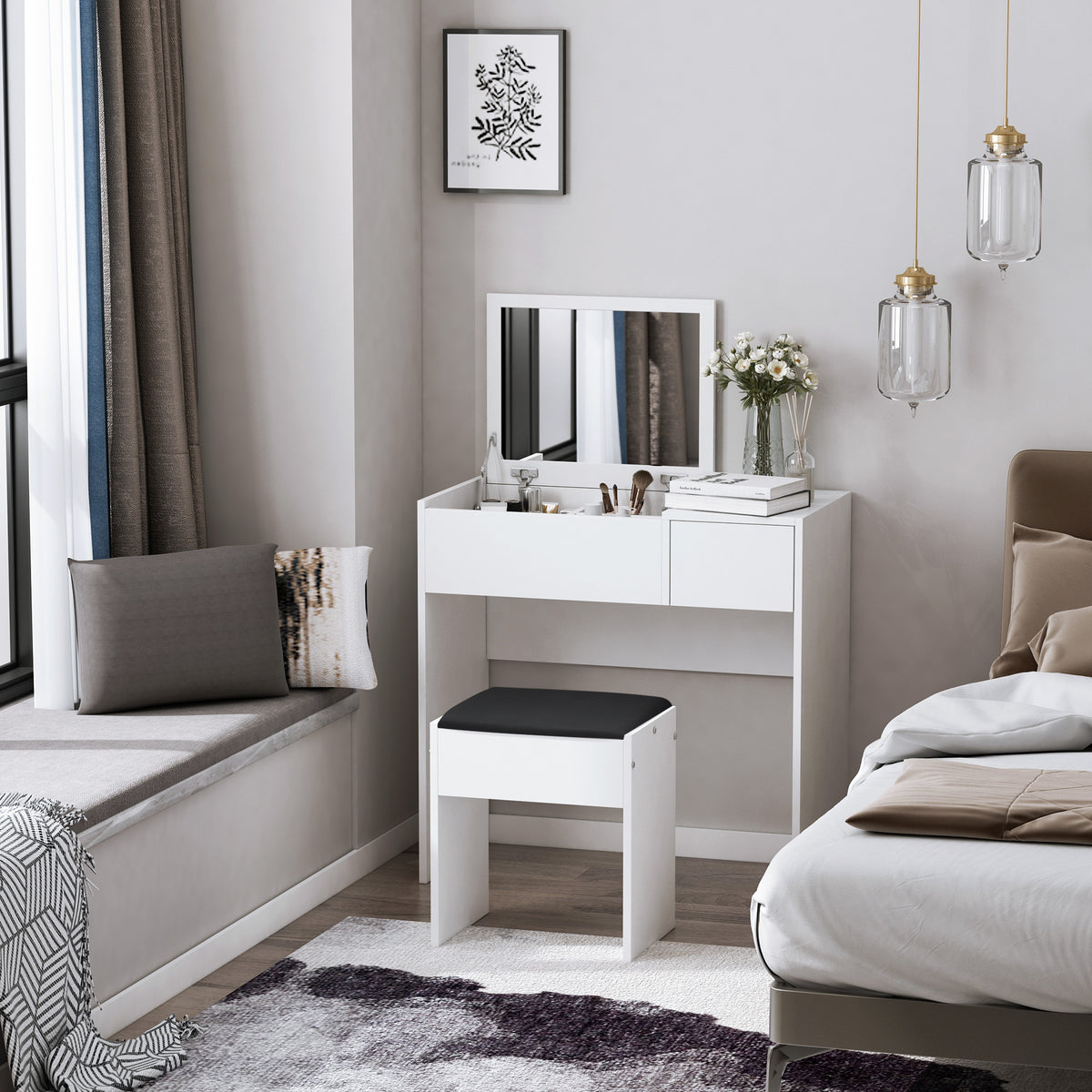 Toucador de Maquilhagem com Branco e Tampa Dobrável Mesa de Maquilhagem com Compartimentos e Gaveta 80x40x79cm Branco — foto 2