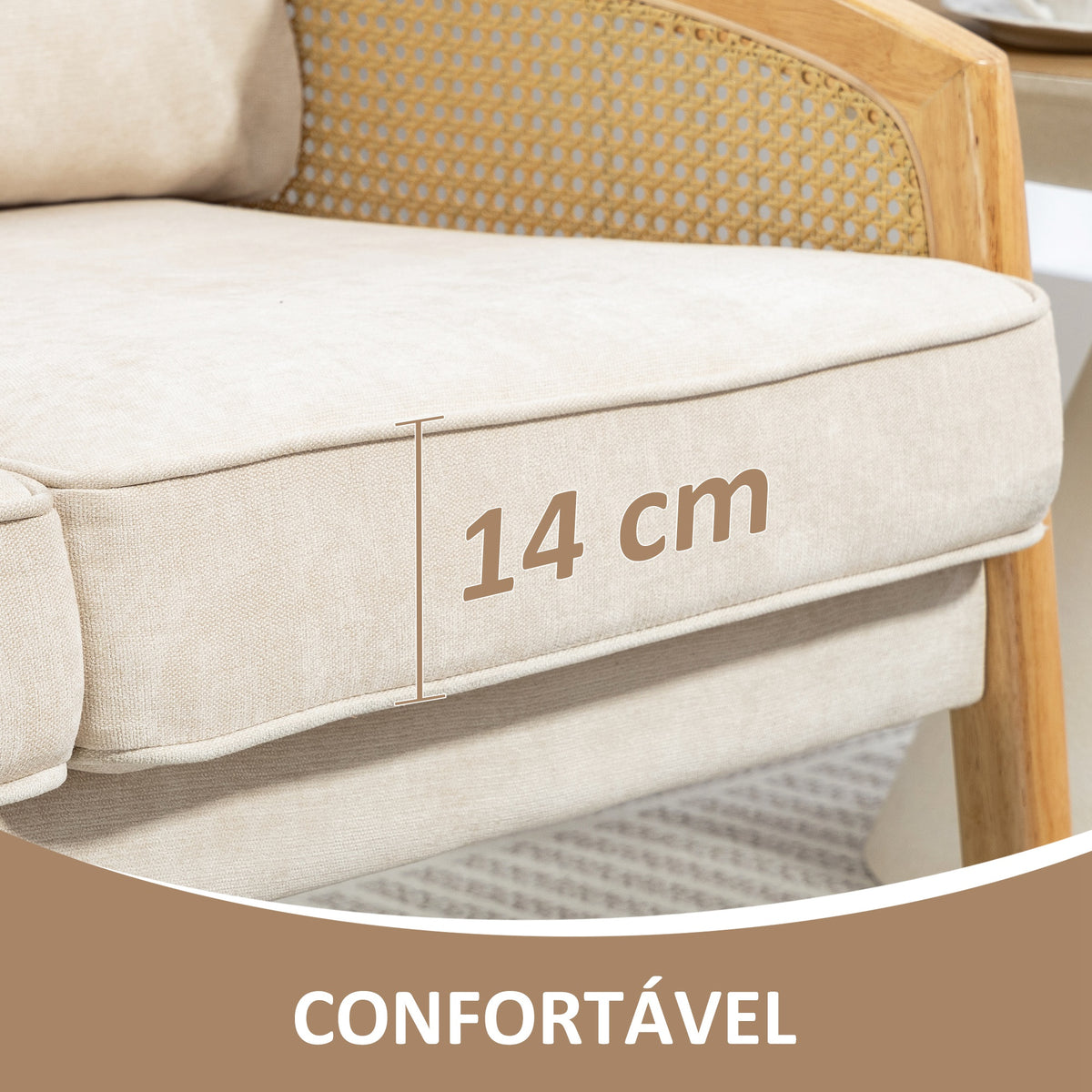 Sofá de 2 Lugares Estofado em Chenille Sofá Sala de Estar com 2 Almofadas Laváveis e Apoio para os Braços em Vime Sintético Sofá Pequeno Carga 240 kg 123x75x88 cm Bege — foto 5