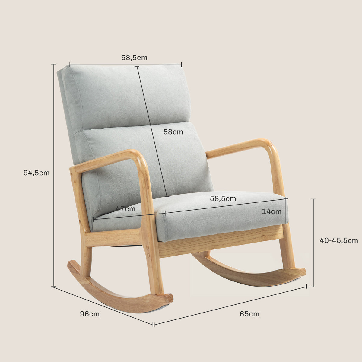 Poltrona Baloiço Estofada em Linho Poltrona Baloiço com Pés de Madeira de Borracha e Apoio para os Braços para Sala de Estar Dormitório Carga 150 kg 65x87x94,5 cm Cinza — foto 3