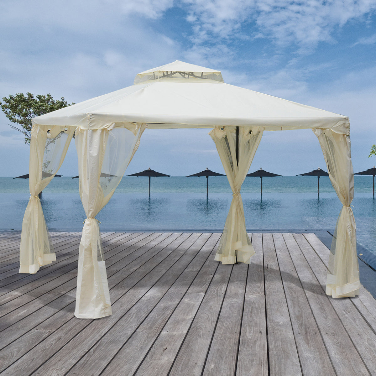 Pérgola de Jardim 3x3m Pérgola de Exterior com Duplo Teto de Ventilação 8 Orifícios de Drenagem e 4 Telas Mosquiteiras com Fecho de Correr para Festas Pátio Creme — foto 2