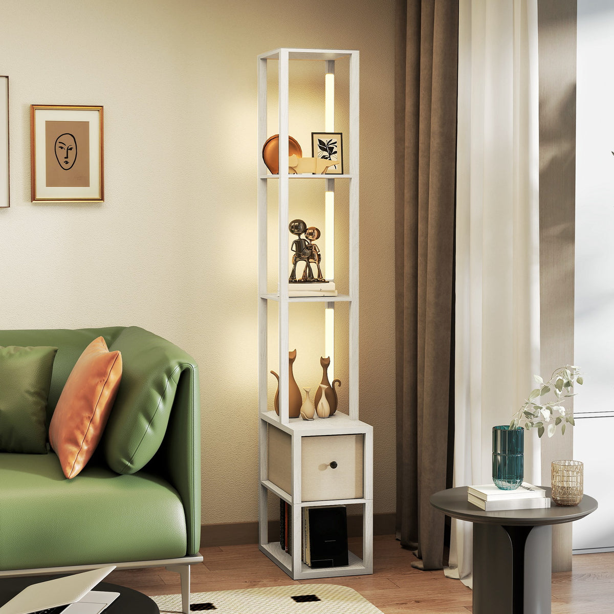 Candeeiro de Pé Moderno 169 cm com Prateleiras Abertas Candeeiro de Pé para Sala de Estar com Gaveta de Tecido e Interruptor de Pé Branco — foto 7