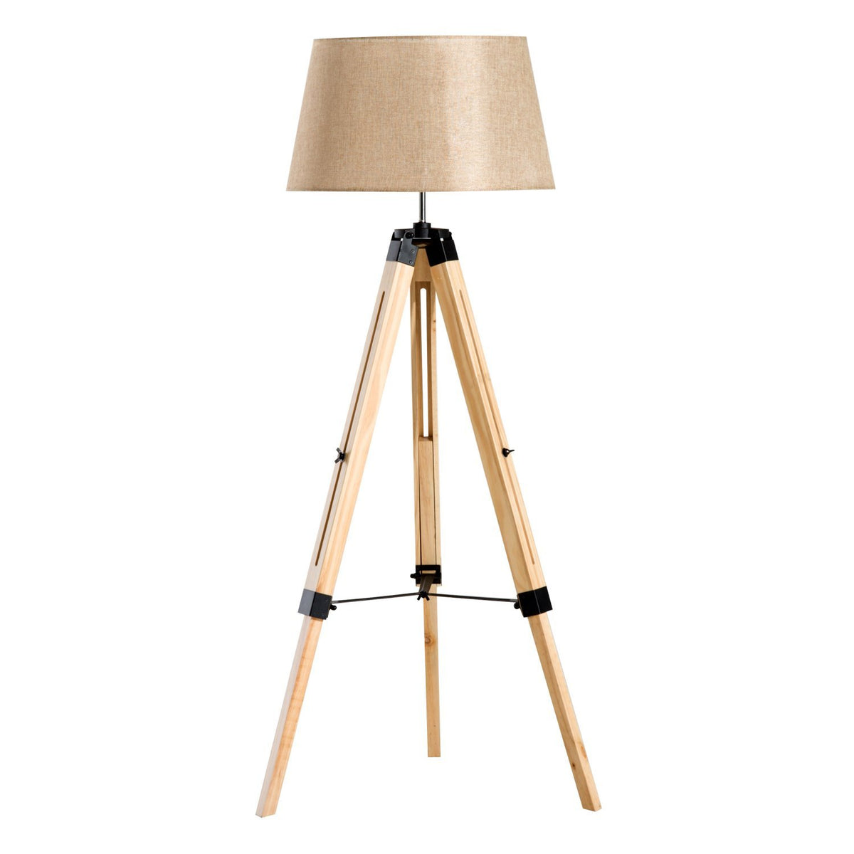 Candeeiro de Pé Moderno, com Tripé Altura Regulável de Madeira e Abajur de Linho - 65x65x99-143 centímetros — foto 1