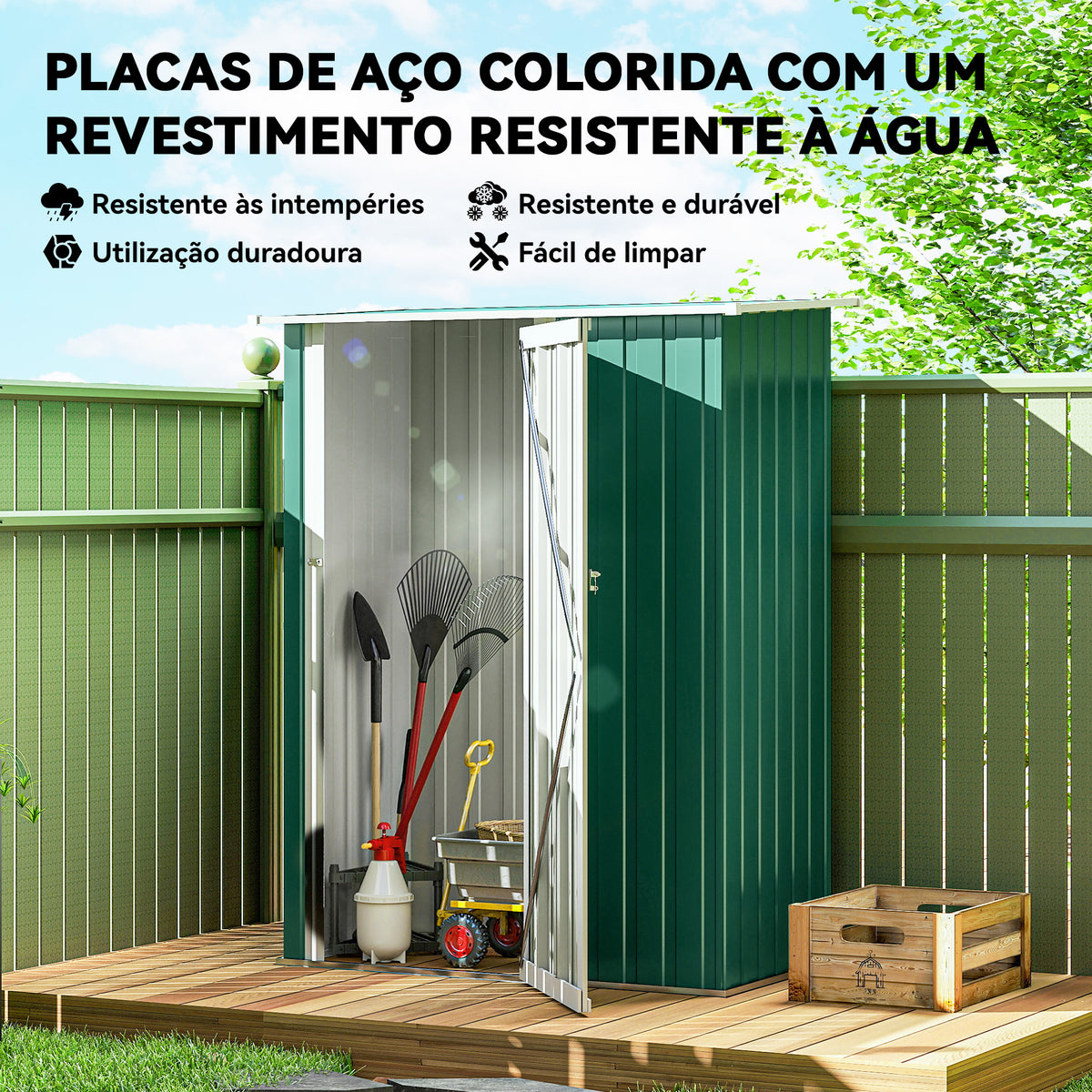 Abrigo de Jardim 142x84x189cm Abrigo de Jardim de Aço Galvanizado com Porta Fechadura e Orifícios de Drenagem para Armazenamento de Ferramentas Verde — foto 4