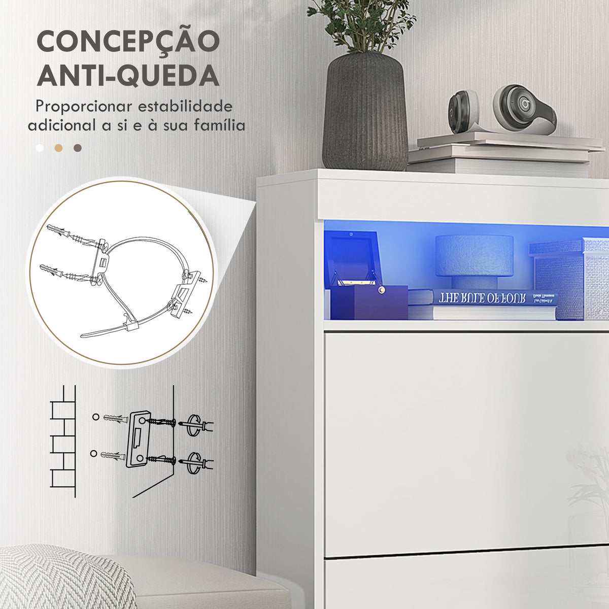 Móvel Sapateira de Entrada Armário Sapateira com Luzes LED Prateleira Aberta e 2 Gavetas Basculantes para 12-16 Pares de Sapatos 80x24x99,5 cm Branco Brilhante — foto 7