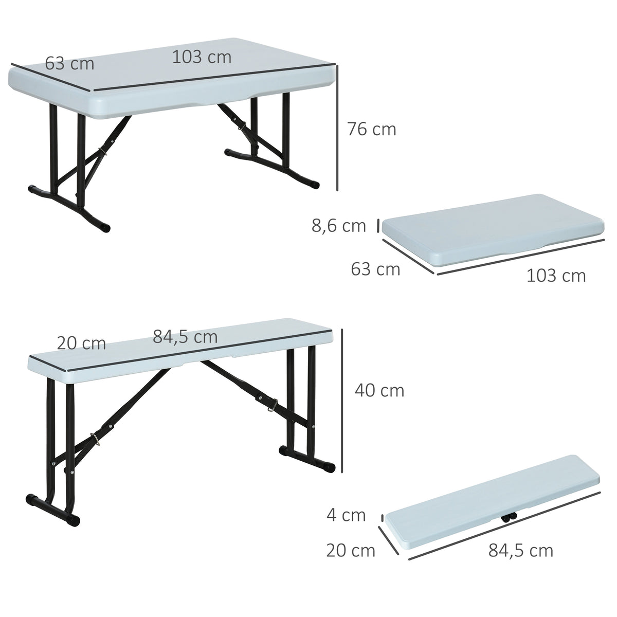 Conjunto de Mesa e 2 Bancos Dobráveis de Jardim Mesa de Campismo Portátil Mesa de 103x63x73cm e Bancos de 84,5x20x40cm Branco — foto 3