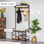 Móvel Cabide de Entrada com 3 Prateleiras 9 Ganchos Armário de Entrada com Cabides de Estilo Industrial 84x34,5x180cm Marrom e Preto — foto 4
