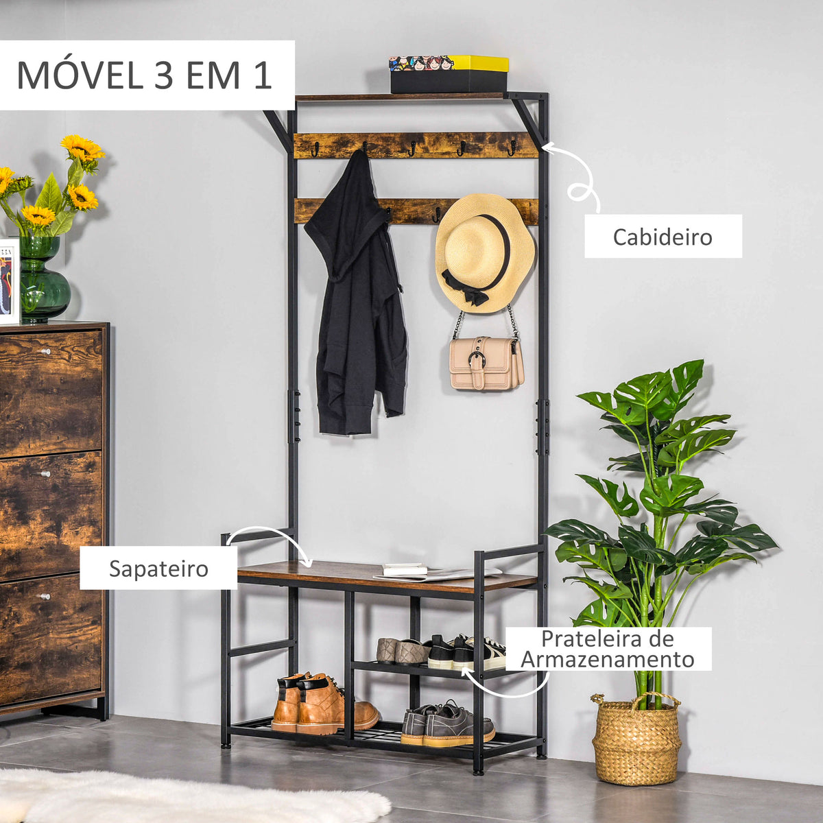 Móvel Cabide de Entrada com 3 Prateleiras 9 Ganchos Armário de Entrada com Cabides de Estilo Industrial 84x34,5x180cm Marrom e Preto — foto 4