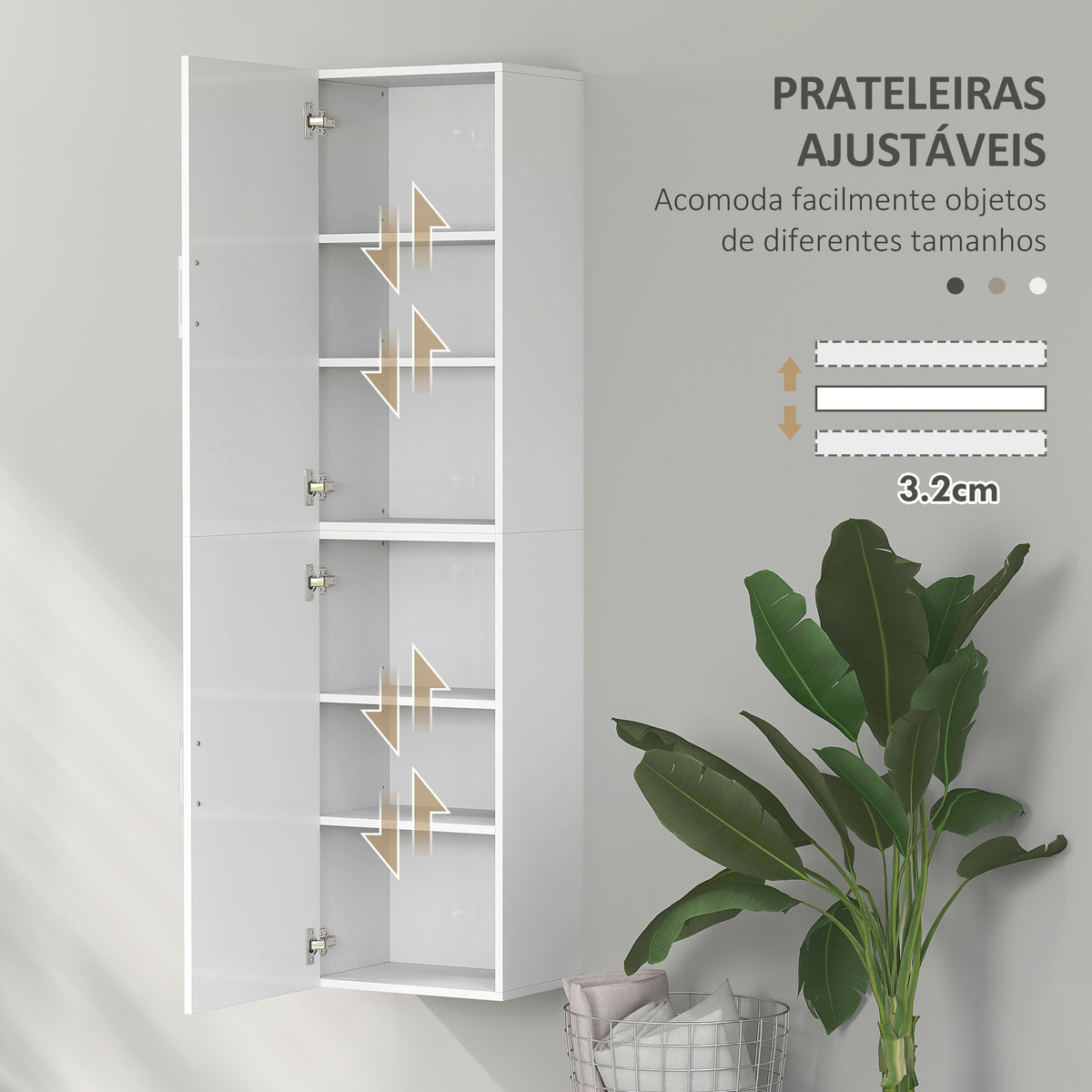 Coluna Casa de Banho de Parede Armário Alto Casa de Banho com Prateleiras Ajustáveis e 2 Portas Móvel Casa de Banho 40x30x160 cm Branco — foto 5