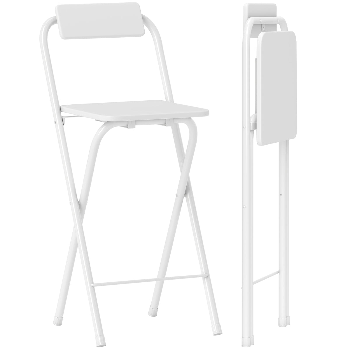 Conjunto de 2 Bancos de Bar Dobráveis Bancos Altos de Cozinha com Encosto Apoio para os Pés e Estrutura de Aço para Sala de Jantar Balcão 37x45x87 cm Branco — foto 1