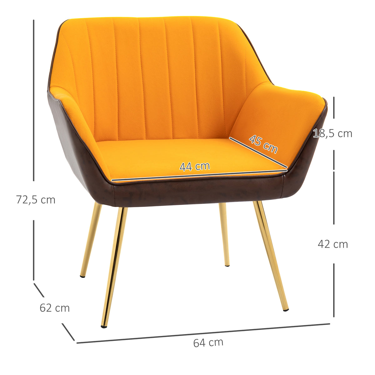 Poltrona de Sala de Estar Estofada em Couro Sintético e Veludo com Apoios para os Braços Pés Dourados e Estrutura de Aço Poltrona para Dormitório Carga 120 kg 64x62x72,5 cm Amarelo — foto 3