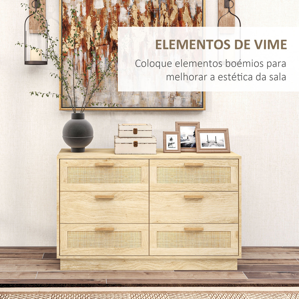Cómoda para Quarto Cómoda de Madeira com 6 Gavetas de Vime Estilo Boêmio Cómoda para Corredor Sala de Estar Escritório 110x40x69 cm Carvalho — foto 4